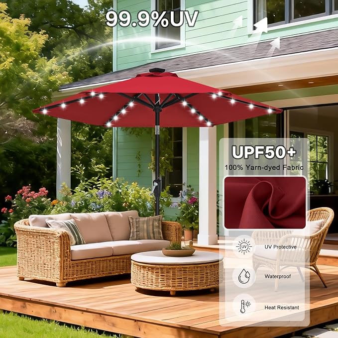 ABCCANOPY Durable Solar Led Patio Umbrellas with 24LED Lights 7.5FT with 6 Sturdy Ribs (Burgundy)