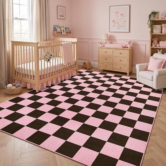GarveeHome Checkered Brown Pink 3x5 Washable Girls Low-Pile Rug for Bedroom | Non-Slip Geometric Modern Small Brown Pink Soft Stain Resistant Boys Rug for Living Room Bathroom Entryway TPE Backing
