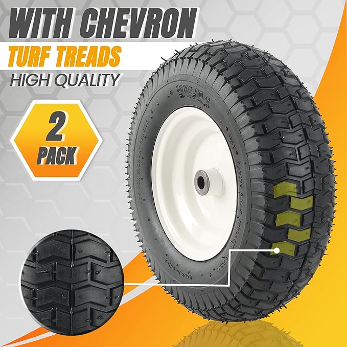 AR-PRO (2 Pack) 16x6.50-8 Pneumatic Tire and Wheel Assembly, Riding Lawn Mower Replacement Wheels with Chevron Turf Tread, 3" Centered Hub, 3/4" Bushings, 440 lb Capacity