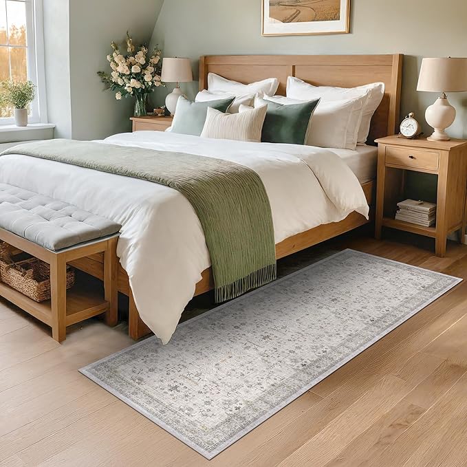 Boho 2x5 Floral Bathroom Runner Rug - Washable Low Pile Runner Rugs for Laundry Room, Door Mat Indoor Entrance, Neutral Light Gray & Sage Geometric Decor & Stain Resistance