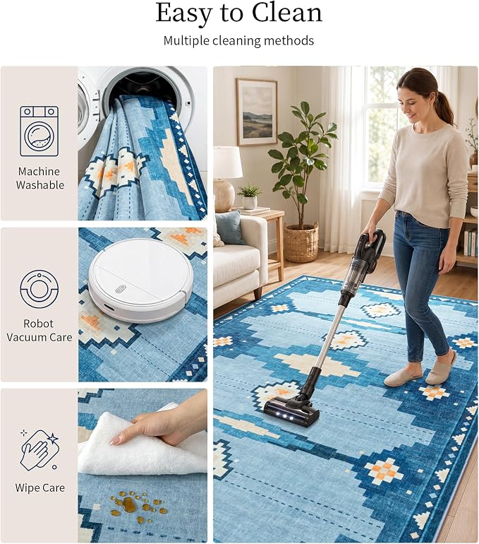 6'x9' Washable Area Rug for Living Room, Mid Century Modern Blue Rug | Soft, Non-Slip, Geometric Coastal Aztec Design, for Bedroom Dining Nursery Room Playroom, Low Pile, Pet Friendly