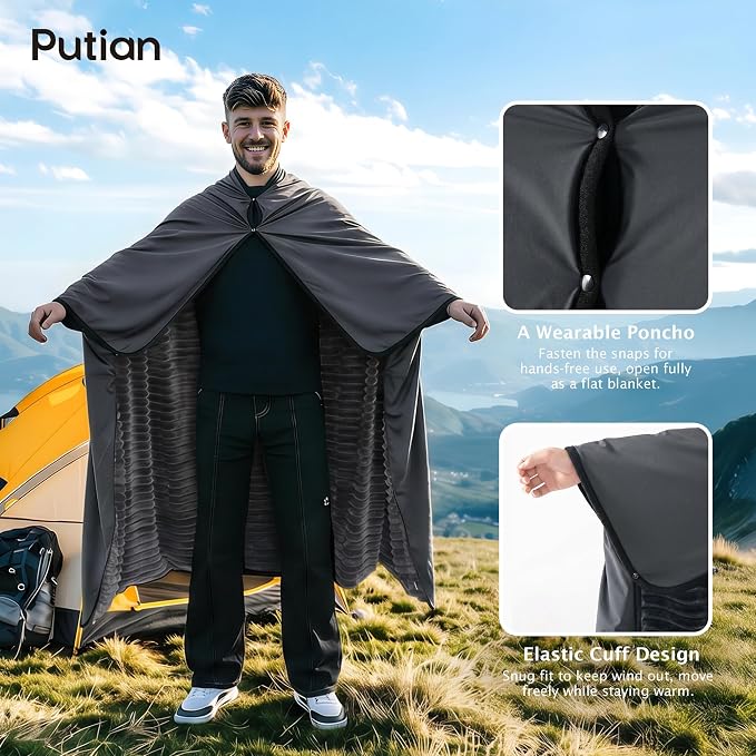 PuTian Waterproof Outdoor Blanket 79"X57" Packable, Stadium & Car Camping Blanket with Corduroy Fleece Lining, Windproof Throw for Picnic Hiking Road Trip, Machine Washable, Dark Grey 350GSM