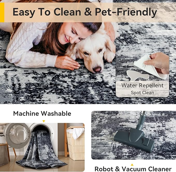 RELEANY Washable Runner 2'x6' Abstract Area Rug for Hallway Black White | Carpet for Kitchen, Entryway, Bathroom, Living Room, Bedroom, Printed Pattern, Non‑Slip, Soft, Stain‑Resistant, Easy to Clean