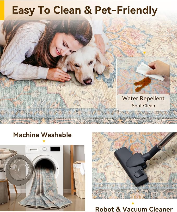 RELEANY Washable Area Rug, 5'x7', Blue/Orange/Red | Non-Slip, Water Repellent, Pet Friendly, Easy to Clean, Vintage Floral Boho Decor for Living Room Bedroom Dining Room Office