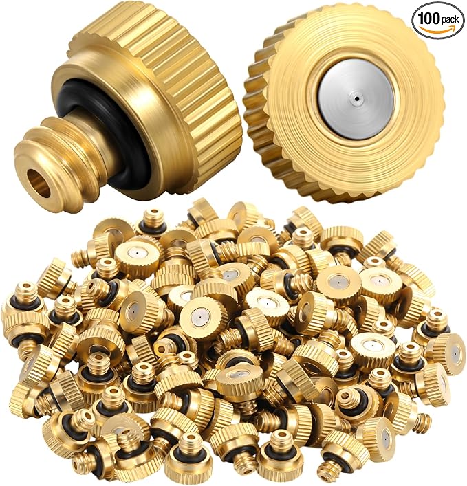 Zhengmy 100 Pcs 0.3mm Brass Misting Nozzles, Mister Nozzles Brass for Outdoor Cooling System Orifice 10/24 Unc Replacement Heads for Outdoor Cooling System