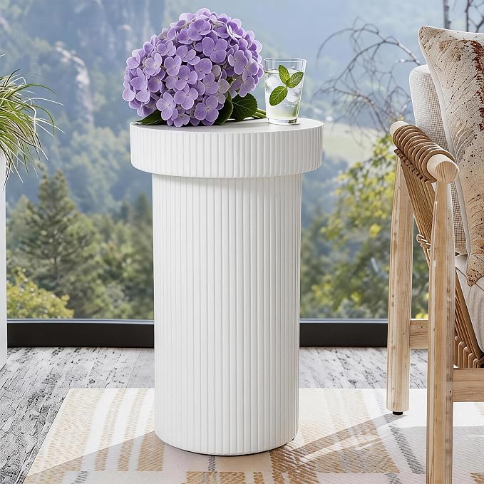 24" Pedestal Side Table, Round Fluted 3-in-1 Coffee Accent Table | Durable Lightweight Round Table, Decorative Patio Outdoor GardenStool Art for Poolside, Balcony, Living room.