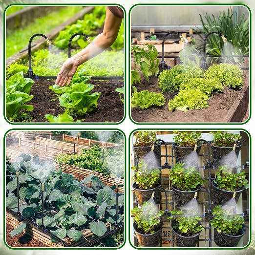 SiliFine 150 Pcs 98 ft 3/8" Greenhouse Drip Irrigation Kit with 40 Brass 360° Adjustable Nozzles and Faucet Adapter Install Adapters for Plants Lawns Gardens