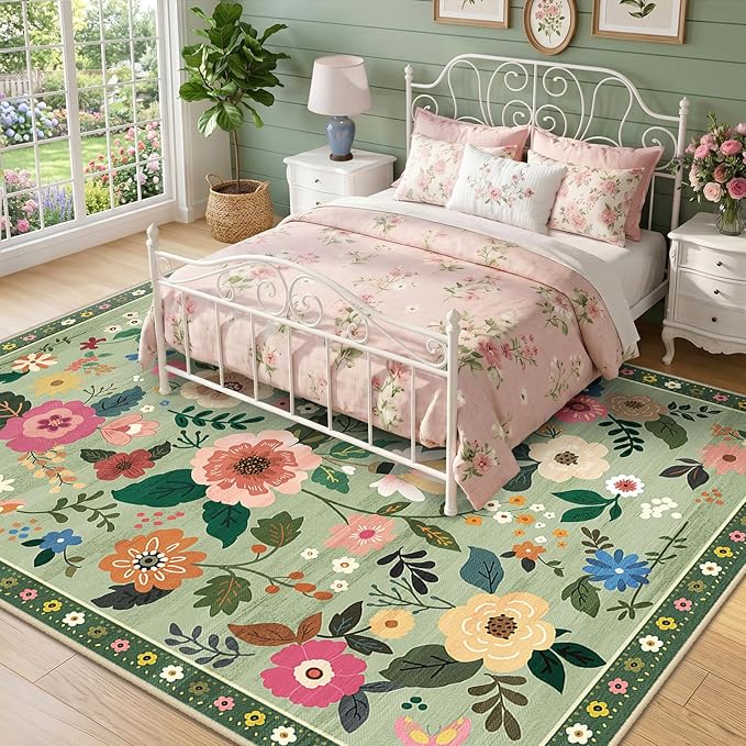 RELEANY Floral Washable 8x10 Area Rugs LightGreen | Flower Carpet, Print, Boho, Non-Slip, Easy to Clean, Soft, Low Pile for Living Room Bedroom Kitchen Office Entryway Hallway