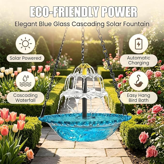 Hanging Solar Bird Bath Fountain,2026 New Solar Cascade Hanging Bird Bath Fountain,Hanging Bird Bath with Water for Outdoors Garden Patio Backyard Lawn Decor(Blue) 111