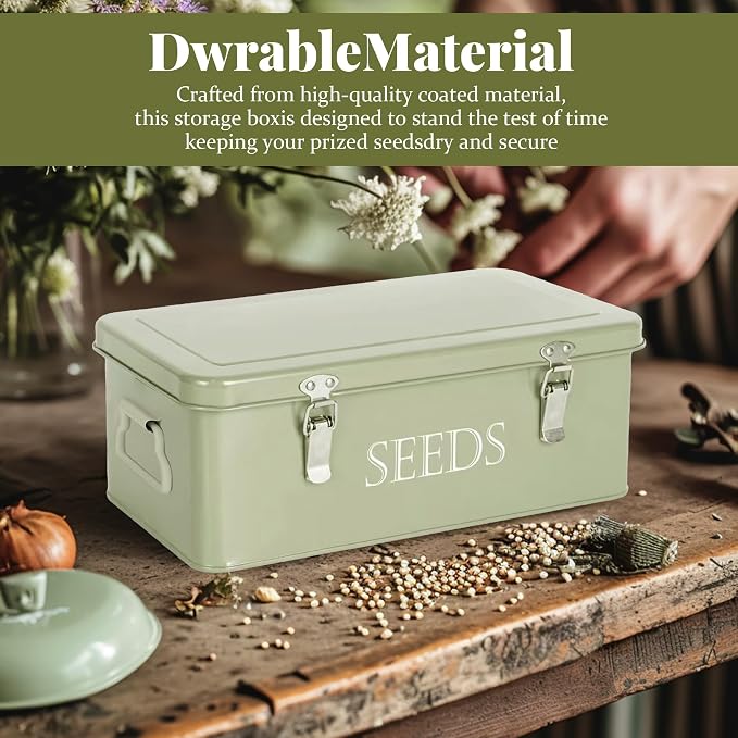 Ecopark Seed Storage Box, Professional All-in-one Kit with 2 Pens, 20 Plant Labels and 50 Seed Envelopes, Metal Storage Organizer, Saving Box, Seed Packet Container, Large, Green