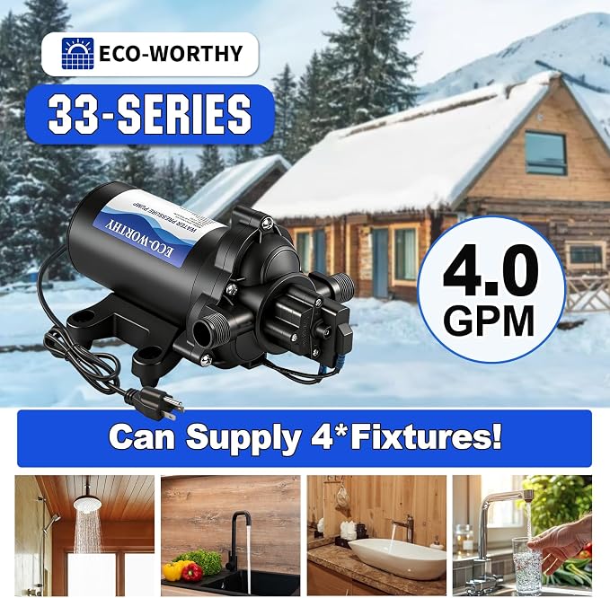 ECO-WORTHY 33-Series Water Pressure Diaphragm Pump Industrial 110V AC 4.0GPM Flow 50PSI Rated Pressure Self Priming RV Fresh Water Pump for Camper Kitchen Bathroom Marine Yacht Caravan