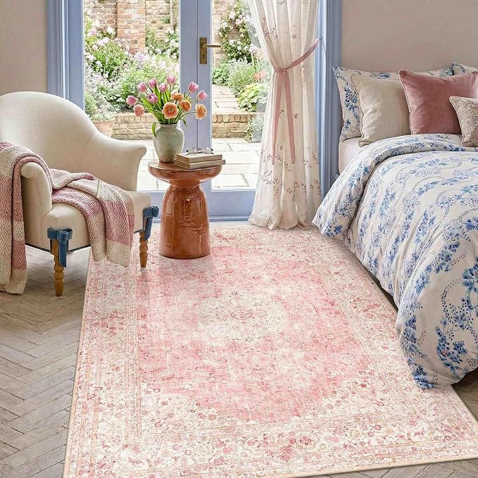 Latte&Fog Vintage Pink Area Rugs 4x6, Washable Cute Small Rugs for Girls | Bedroom Dining Kitchen Kids Playroom Nursery Classroom Dorm Farmhouse Office, Non Slip Low Pile Soft Floral Carpet