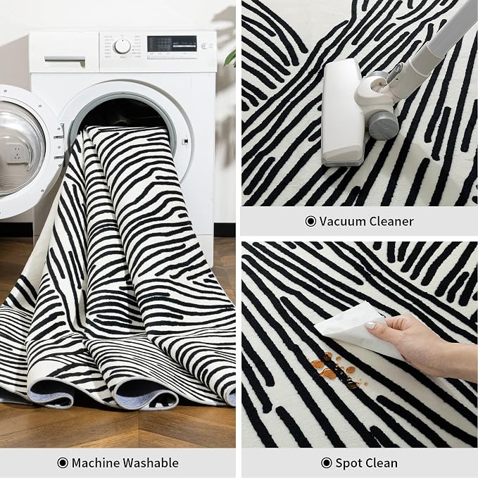 6x9 Ft Washable Area Rug, Black and Cream White Zebra Rug for Living Room | Modern Abstract Zebra 6x9 Rug with Soft Low Pile and Non-slip Backing; Machine Washable for Living Room, Bedroom, Dining Area
