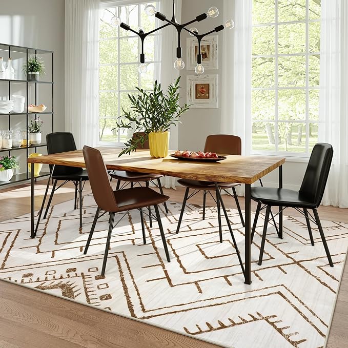 LIVEBOX Moroccan 8x10 Area Rug, Beige Washable Rugs for Living Room Bedroom, Non Slip Western Tribal Rug Low Pile Geometric Large Area Rugs Diamond Carpet for Dining Room, Nursery Room, Playroom Boho