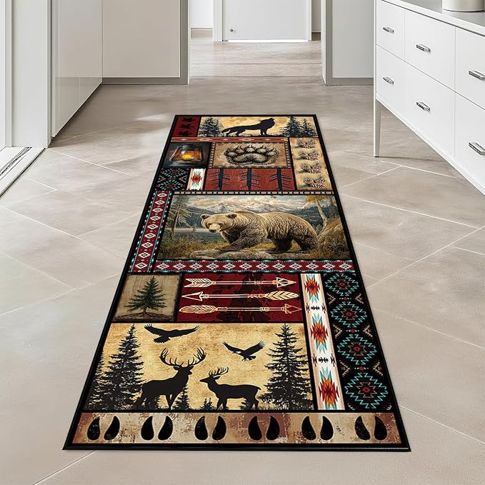 Cabin Runner Rug 2x6 for Hallway, Rustic Bear Area Rug, Western Decor Non-Slip Low-Pile Machine Washable Indoor Floor Carpet for Living Room Bathroom Kitchen Laundry Room