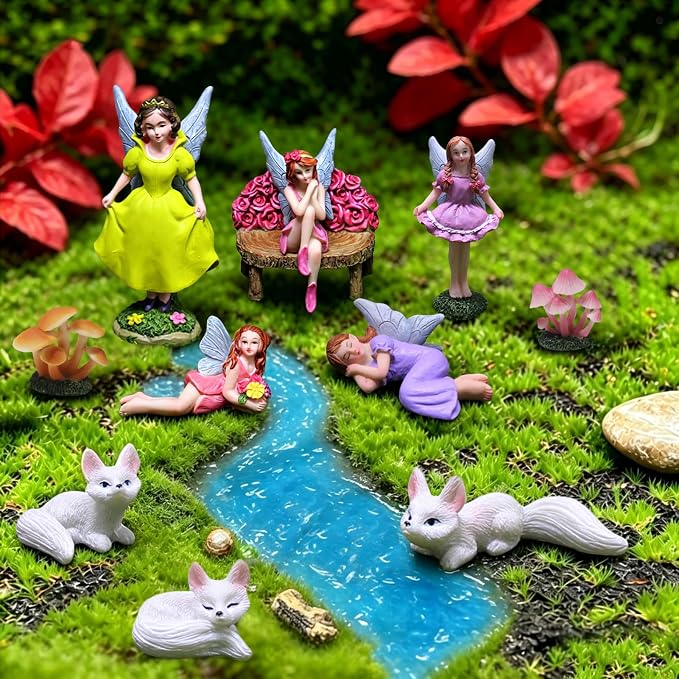 11 Pcs Mini Fairy Garden Accessories Set, Includes Resin Fairy Figurines, Cute Small Mushrooms, Benches and White Fox Statues. Perfect for Diy Miniature Landscape Decorations and Home Garden Decor