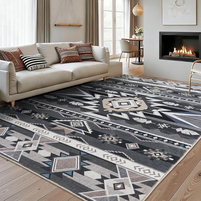 5x7 Western Rustic Aztec Area Rug for Living Room Bedroom Dining Room | Southwestern Tribal Grey Low Pile Faux Wool Rug, Machine Washable Non-Slip Carpet for Living Room Dining Bedroom