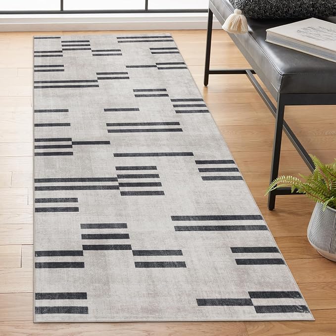 Machine Washable Area Rug Runner - Living Room Bedroom Bathroom Kitchen Entryway Office -Non-Slip Baking Low Pile Stain Resistant Premium - Modern Geometric Loki-Beige & Black 2'6" x 6'