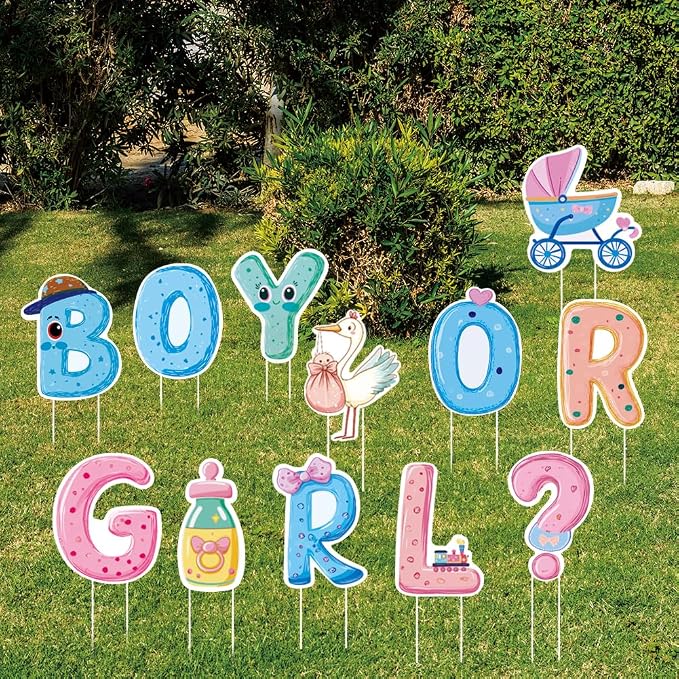 SUPERDANT 12Pcs Gender Reveal Party Yard Sign with 24 Stakes Boy or Girl Baby Shower Lawn Decorations Birth Party Outdoor Sign Newborn Garden Decor for Celebration 11.8x11 Inch