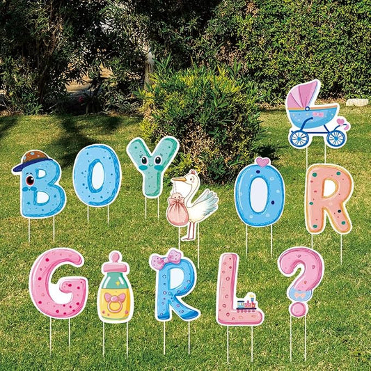 SUPERDANT 12Pcs Gender Reveal Party Yard Sign with 24 Stakes Boy or Girl Baby Shower Lawn Decorations Birth Party Outdoor Sign Newborn Garden Decor for Celebration 11.8x11 Inch