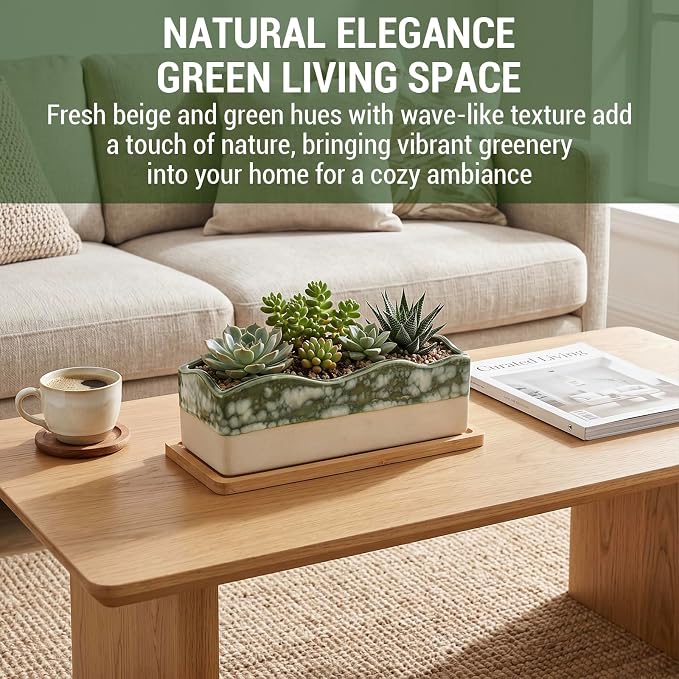 MyGift Rectangular Succulent Planter - Decorative Beige and Green Ceramic Glazed Plant Container Pot with Removable Bamboo Tray