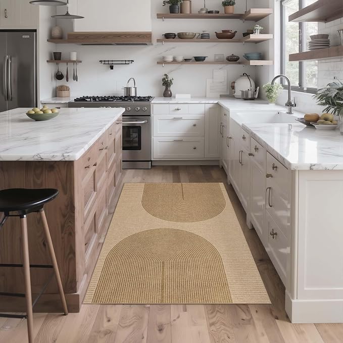 Easy Jute Rug 3x5 Outdoor: Natural Area Rugs for Patio Linen-Look Fabric Durable - Neutral Washable Carpet Mat for Entryway Bedroom Kitchen Non-Slip - Geometric Arch Pattern