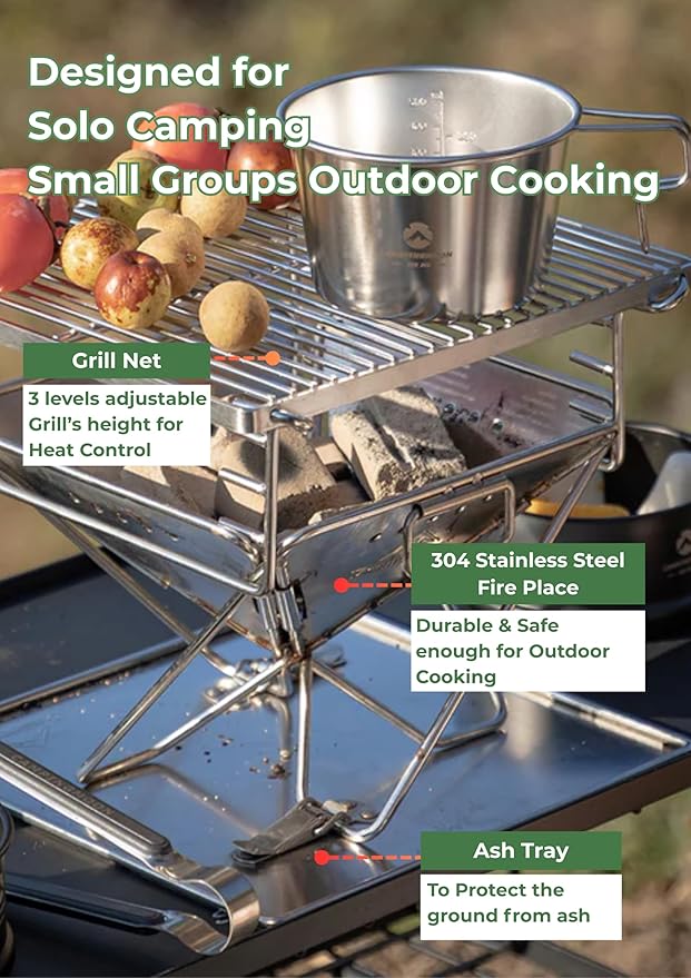 CAMPINGMOON Portable Charcoal Grill 9.65 Inch Stainless Steel Tabletop Grill Fire Pit 3 Level Adjustable Height Grill for Camping Outdoor Cooking Barbecue Carry Bag X-MINI-PRO