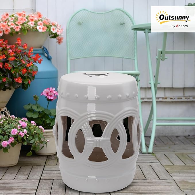 Outsunny 14" x 17" Ceramic Garden Stool with Double-Coin Knotted Ring Design & Strong Glazed Material, Decorative Outdoor Stool, Home Collection, White