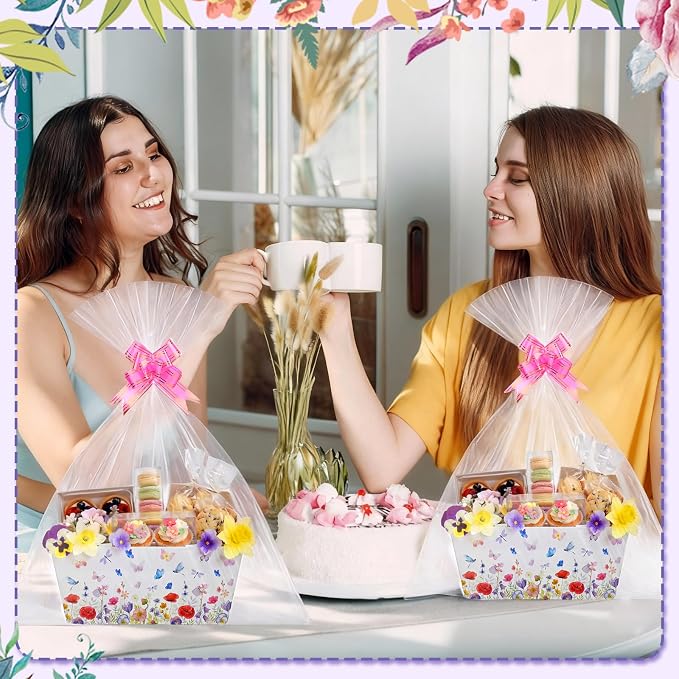 Qinyoung 12 Pack Spring Baskets for Gifts Empty Wildflower Gift Basket with Handles, Pull Bows, Cellophane Bags and Twist Ties for Easter Butterfly Dragonfly Wildflower Party Favor Supplies, 9.8x6.5''