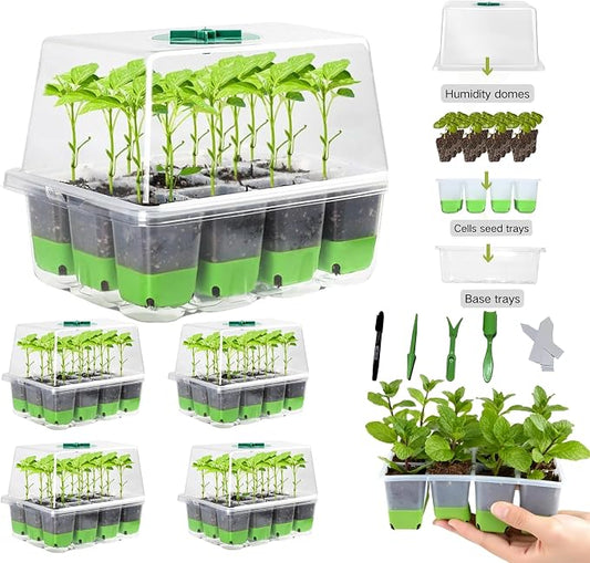 NestNature 5-Pack Seed Starter Tray Set|60-Cell Flexible Germination Trays | Reusable Seed Trays W/Humidity Dome & Lids For Plants, Flexible Pop-Out Design&Dishwasher Safe For Herbs,Vegetables,Flowers
