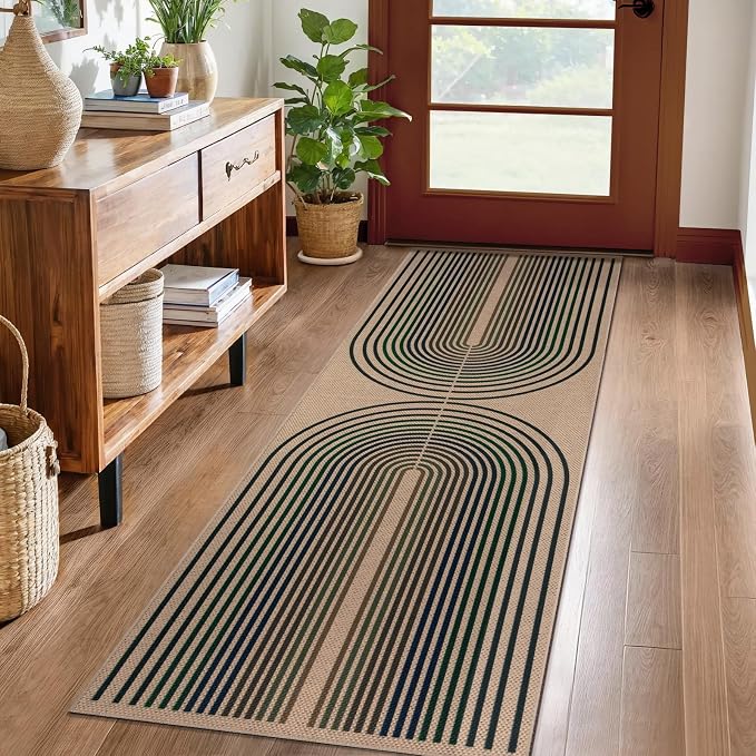 Tangsoo Rainbow Easy Jute Rug 2x6 Washable Runner Rug for Hallways,Non-Slip Thin Colored Lines Outdoor Rug,Modern Farmhouse Carpet for Porch Laundry Bedroom Living Room Entryway