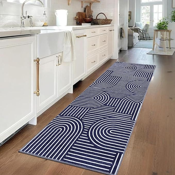 ROYHOME Modern 2.5x10 Hallway Runner Rug Non Slip Washable Kitchen Rug Blue | Abstract Bath Mat, Rainbow Geometric Runners Rugs for Bedroom, Soft Long Rugs for Entryway Arch Pattern Bathroom Laundry Dorm