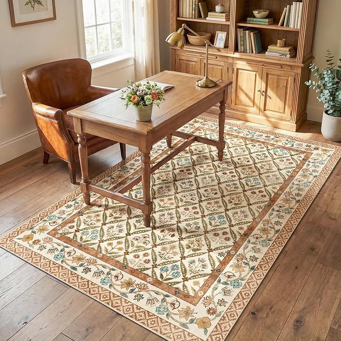 jinchan 6x9 Vintage Floral Washable Large Living Room Area Rug, Terracotta | Soft & Lightweight, Checkered Floral, Low Pile, Non Slip, Bedroom, Dining Room, Girls Room, Home Office, Cottage Decor