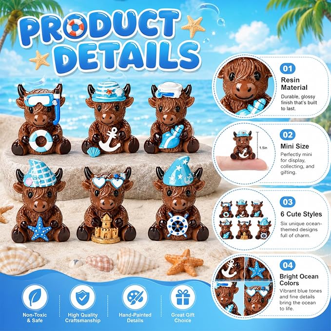 Yaomiao 60 Pcs Mini Resin Coastal Highland Cow Figurines Summer Ocean Highland Cow Statues Beach Coastal Farmhouse Decor Sea Cows Figure Table Decor for Holiday Festive Home Kitchen Tiered Tray