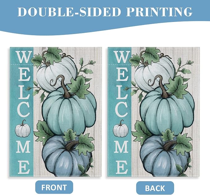 Welcome Fall Teal Blue White Pumpkins Decorative Garden Flag, Autumn Farmhouse Seasonal Yard Outside Decorations, Thanksgiving Burlap Outdoor Small Home Decor Double Sided 12 x 18