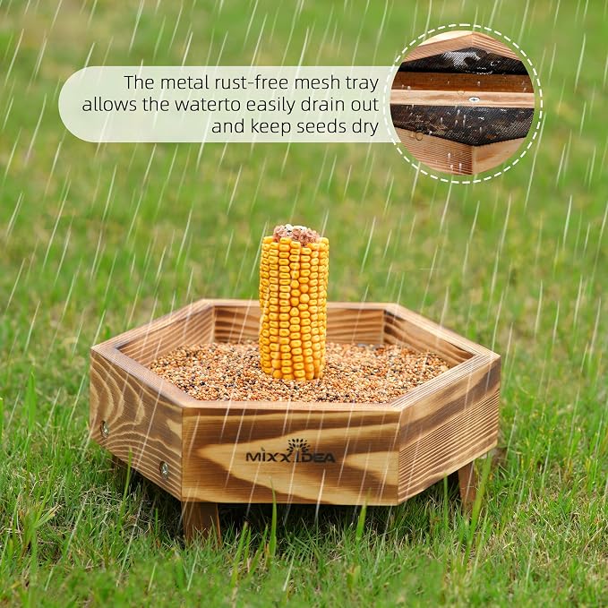 MIXXIDEA Ground Bird Feeder for Outdoors, Wooden Mesh Seed Tray for Bird Feeders, Great Attracting Garden Yard Decoration for Wild Birds Squirrels Chicken Dove, Brown