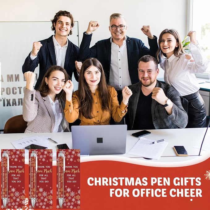 Tenceur 50 Sets Winter Pens Bulk Thank You Snowflake Ballpoint Pens Employee Appreciation Gift Inspirational Coworker Gift with Cards Twist Ties for Office Coworker Staff Nurse Teacher(Red)