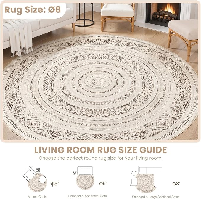 cotiled 8x8 Round Rug 8ft Circle Living Room Boho Area Rugs | Solve Modern Neutral Trendy Home Decor - Washable Foldable Indoor Carpet for Bedroom Home Office Dark Brown