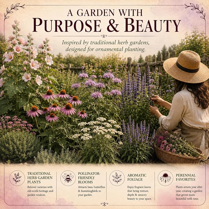 Old-World Apothecary Garden Seeds, 6 Medicinal Herb & Perennial Flower Seed Packets for Cottage, Pollinator, Herbalist & Herb Gardens