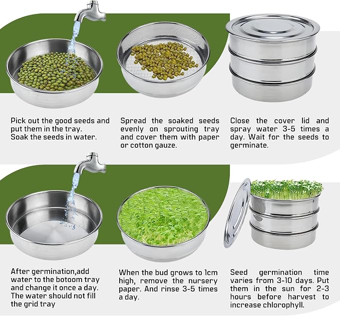 Stainless Steel Seed Sprouting Kit – 7,9'' Stainless Steel Sprouting Tray Round 3-Tier Seed Gardening Planter for Microgreens Broccoli Sprouts Growing Kit Microgreens Tray Germination