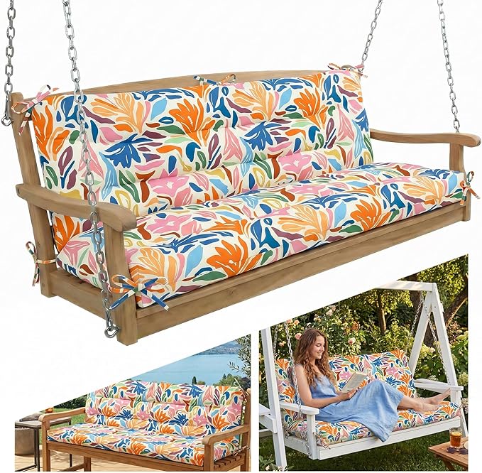 Outdoor Swing Cushion with Backrest, Tie Straps & Memory Foam - Replacement for Porch Bench 2/3 Seater, Oxford Fabric (Multicolor, 60 INCH × 40 INCH)