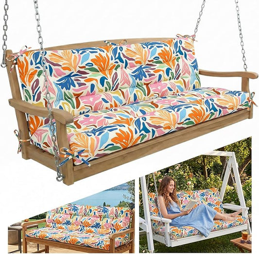 Outdoor Swing Cushion with Backrest, Tie Straps & Memory Foam - Replacement for Porch Bench 2/3 Seater, Oxford Fabric (Multicolor, 60 INCH × 40 INCH)