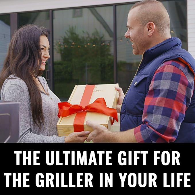 Grillaholics Premium BBQ Grill Tools – The Ultimate Grilling Gift for Dad - Luxury 4-Piece Barbecue Utensils Grill Set with Wooden Gift Box | Father's Day Gift | Includes Spatula, Tongs, Meat Fork, & Silicone Baster