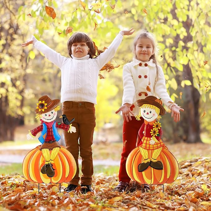 2 Pcs Fall Yard Signs Scarecrow Decorations Outdoor, 30"H Metal Thanksgiving Fall Yard Stakes Scarecrow Lawn Decor, Fall Garden Stakes for Patio Pathway Autumn Harvest Outside Decorations (Sitting)