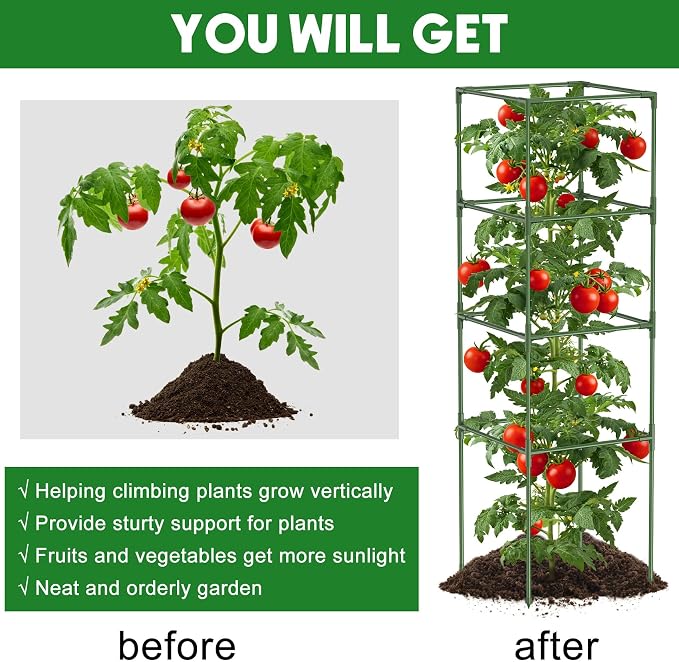 14.5" W x 53" H Tomato Cage for Garden, 3 Pack Square Tomato Trellis Plant Support Frame with 50 Pcs Plant Clips, Suitable for Climbing Vegetables, Flowers, and Fruits