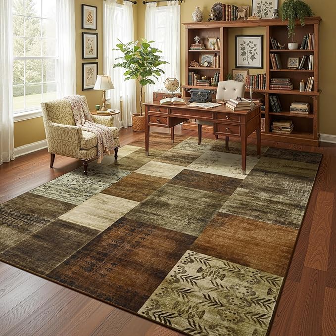 Washable Area Rugs 6x9 for Living Room, Large Modern Geometric Brown Soft Patchwork Carpet, Non-Slip Stain Resistant Throw Rug for Bedroom Dining Room Office Home Decor