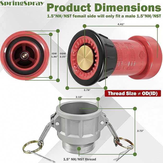 1-1/2" NPSH Aluminum Camlock Fitting Coupling With Heavy-Duty Industrial Fire Hose Nozzle Fire Equipment Constant Flow Fog Nozzle