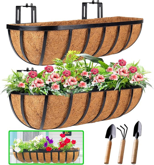 HKZ Deck Balcony Railing Planter Window Boxes - 2 Pack 24 Inch Planter Box, Balcony Planters Railing Hanging, Window Boxes Outdoor Fence Planters