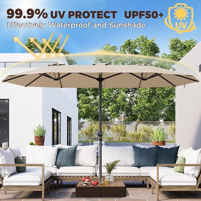 GDPFN 13FT Large Patio Umbrella, Outdoor Deck Standing Umbrella with Crank Handle, Double-Side Rectangular Pool Umbrella for Outside, Market, Patio, Beige (Base Not Include)