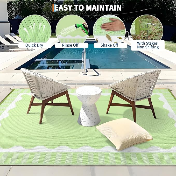 Garvee 8x10 Outdoor Rug, Scalloped Border Waterproof Camping Rugs for Outside Your RV, Modern Plastic Straw Rug, Foldable Reversible UV Resistant Mats for Picnic Backyard Deck Porch, Light Green